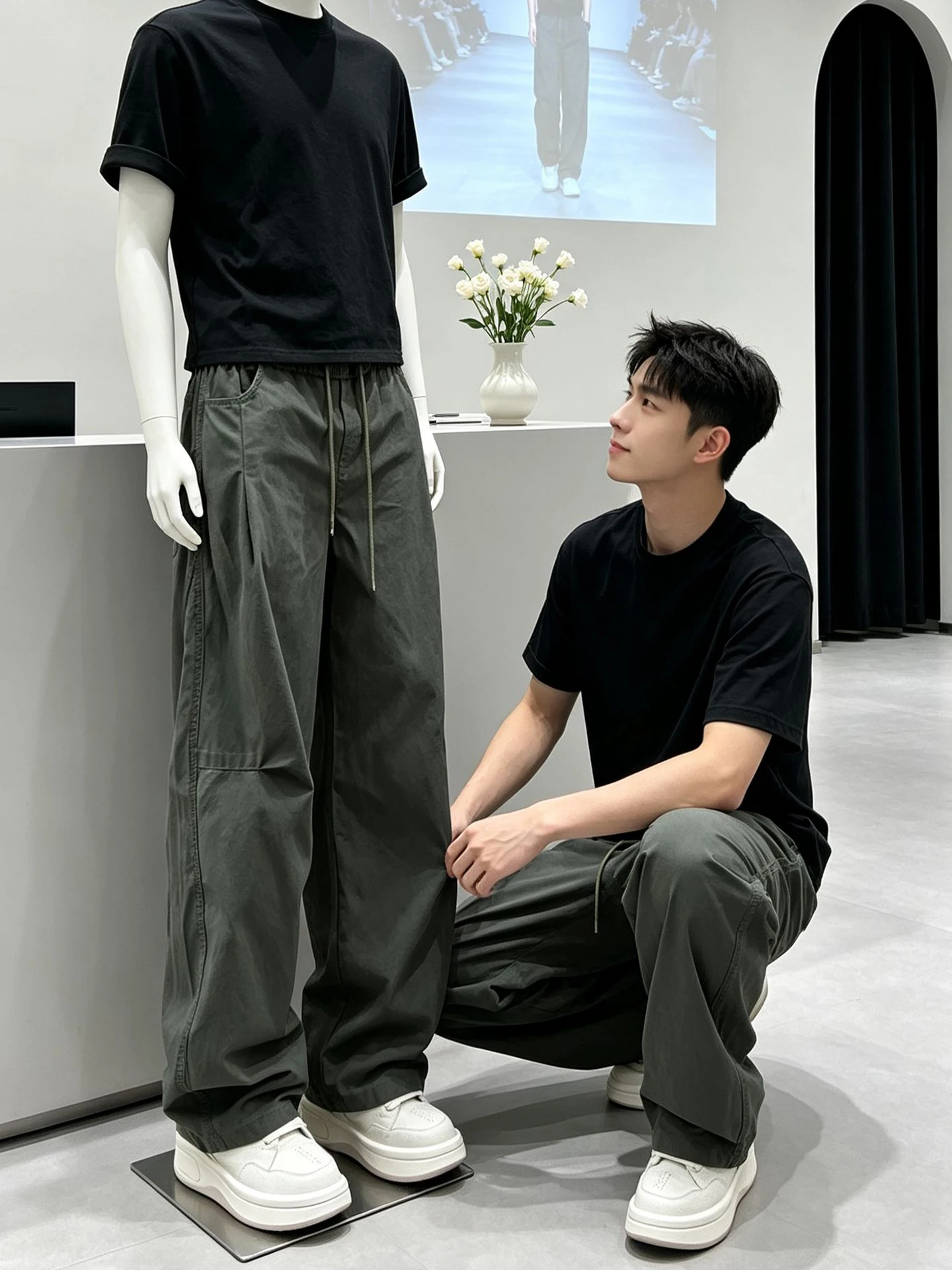 Military Green Folded Workwear Pants Men's Loose Wide Leg Jeans American Wash Casual Trousers Fashionable Autumn Wear