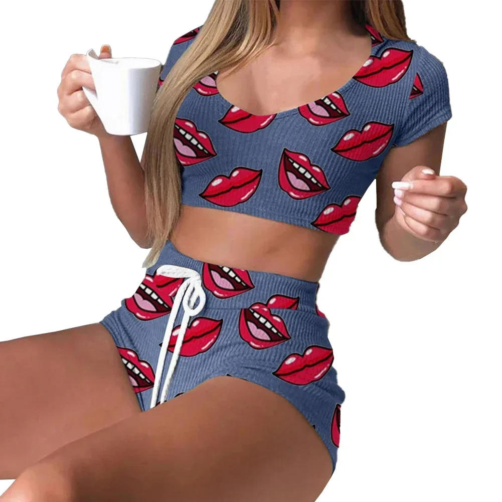 Sleepwear Women Lingerie Set All Season Daily Homewear Lips Print Pajamas Polyester Regular Slightly Stretched