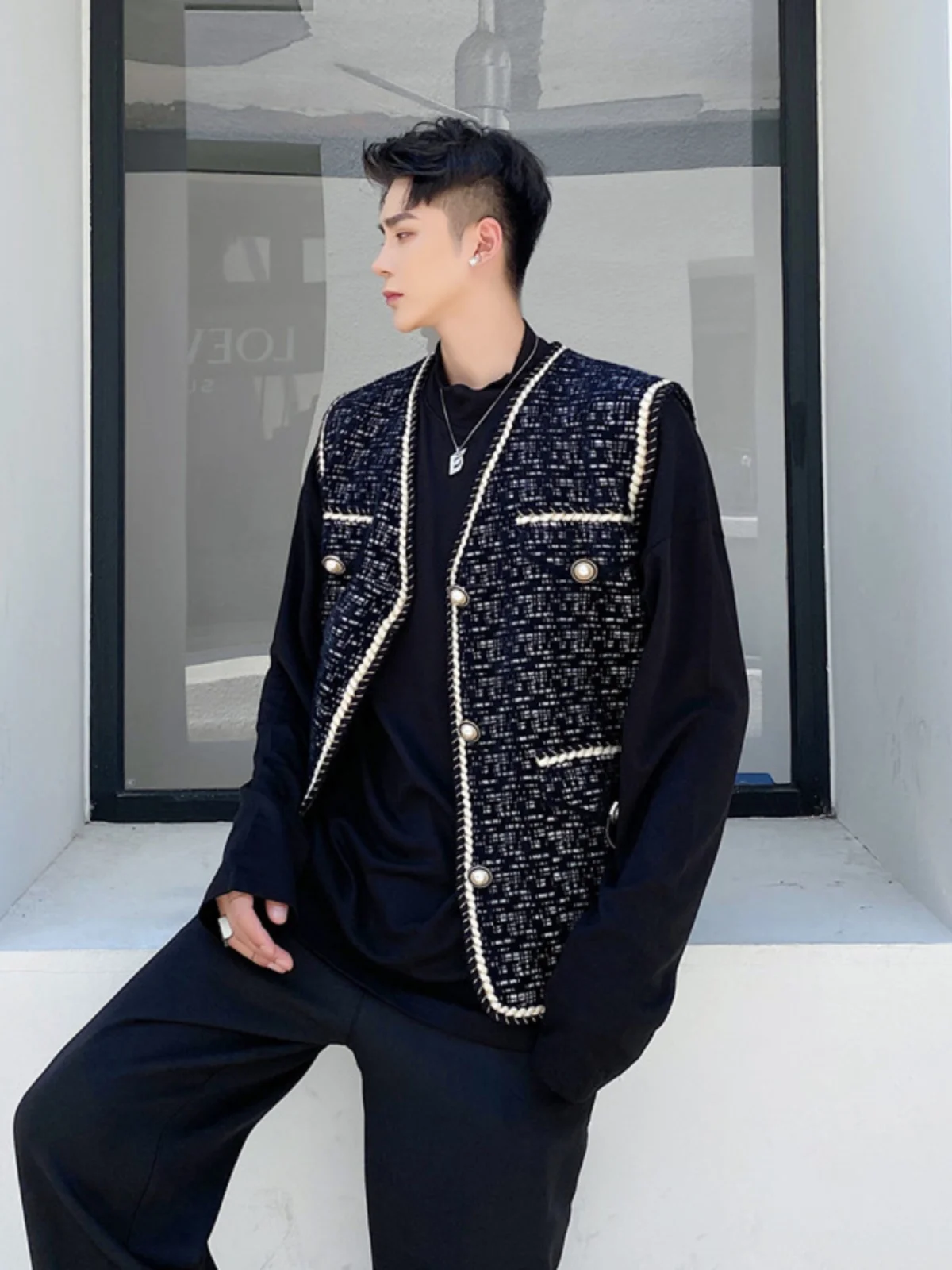 

Faionable Youth Men's Svel Vest 2024 Autumn Season Casual Wear V-Ne Single Button Closure Plaid Pattern Loose Fit