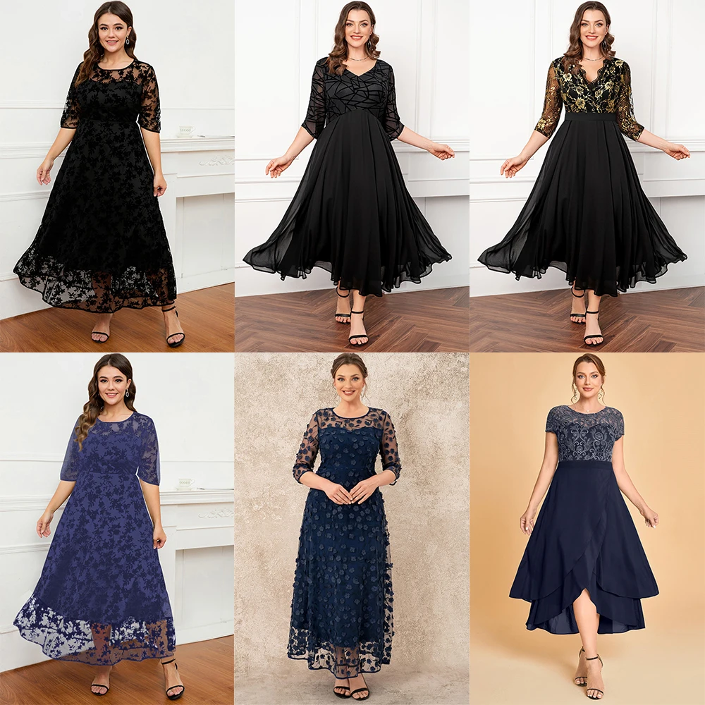 

Plus Size Mother Of The Bride Navy Blue Round Neck Chiffon See-through Lace Crossover Hem Split Tea-Length Dress