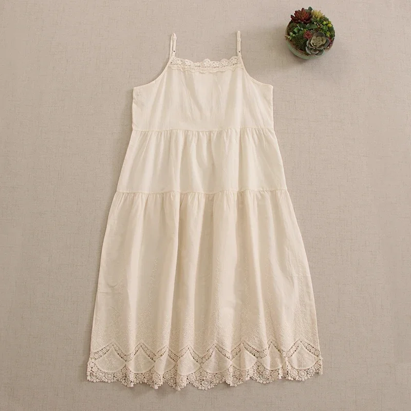 

Summer Sweet Mori Girl Japanese Style Thin Embroidered Cotton Sling Dress Women Sleeveless Casual Spaghetti Strap Dresses