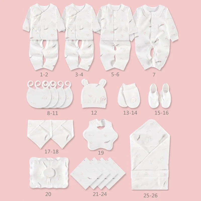 26 Pieces Newborn Clothes Baby Gift Pure Cotton Baby Set 0-12 Months Autumn And Winter Kids Clothes Suit Unisex No Box Bib Hat