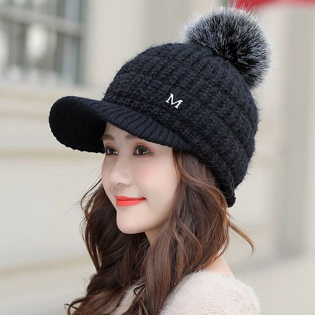 Winter Warm Fleece Lined Skull Visor Beanie Knitted Pompom Baseball Hats Women Cold Weather Painter Brimmed Snow Ski Caps