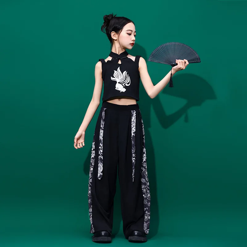 Conjunto de performance de dança de hip hop infantil, trajes de palco de jazz de dança de rua para meninos, estilo chinês preto hanfu