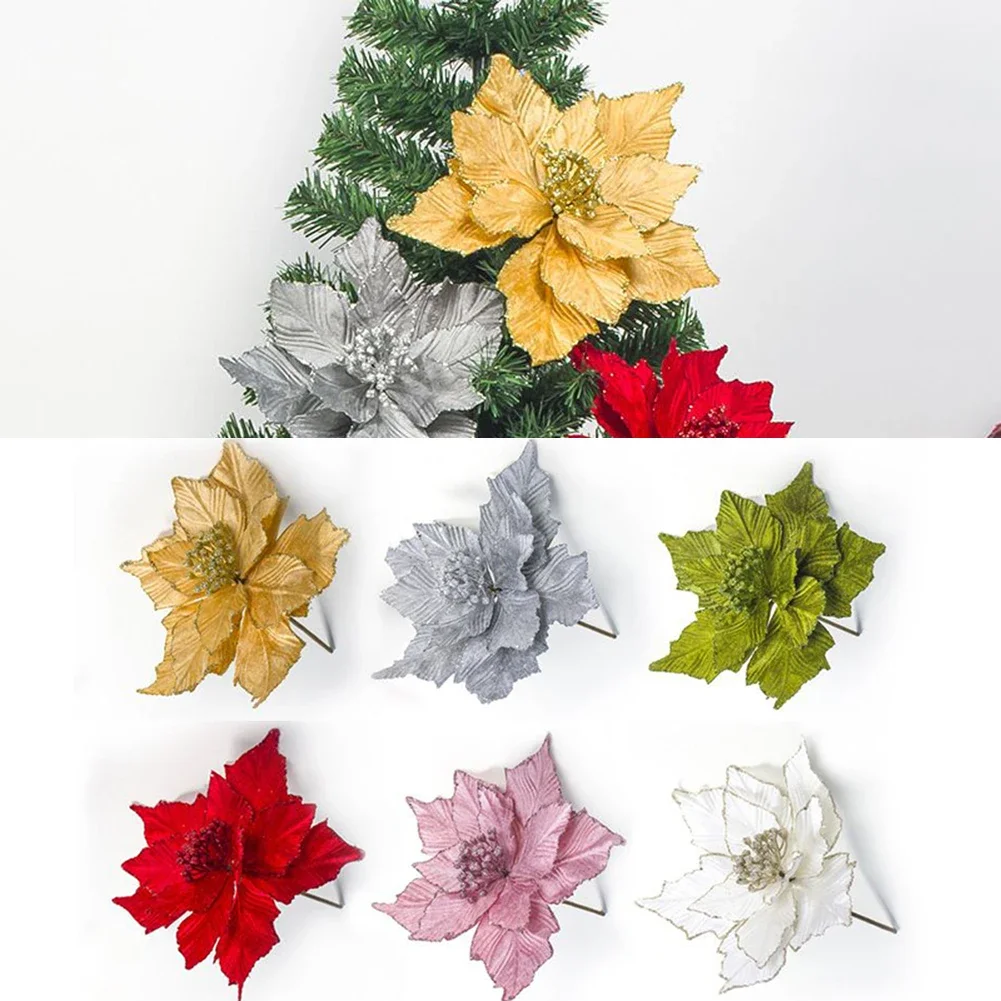 1pc Christmas Glitter Poinsettia Flower Artificial Floral DIY Garlands Xmas Tree Ornaments Wedding Party New Year Decor