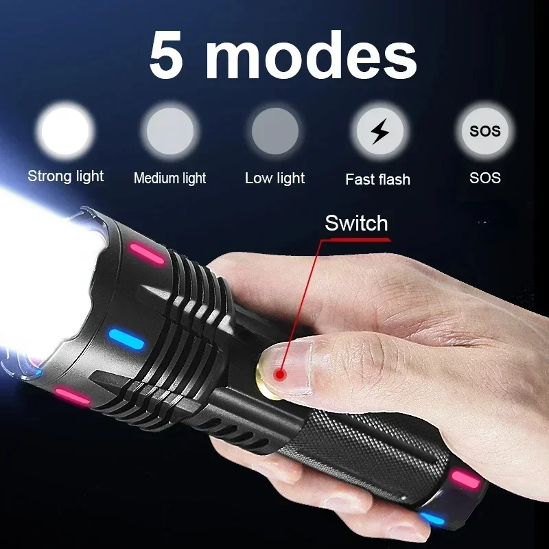 Powerful Ultra Bright Long Range Flashlight Type-C Rechargeable 5 Light Modes Portable Hand Lamp for Outdoor Camping Hiking