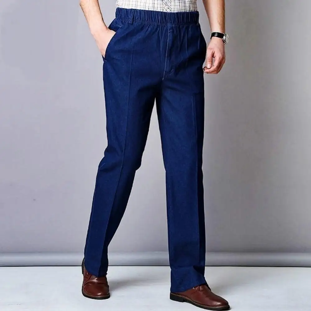 

Men Trousers Mid-aged Father's Slim Fit Elastic Waist Jeans with High Waist Pockets Ankle-length Design for Casual Comfort Men