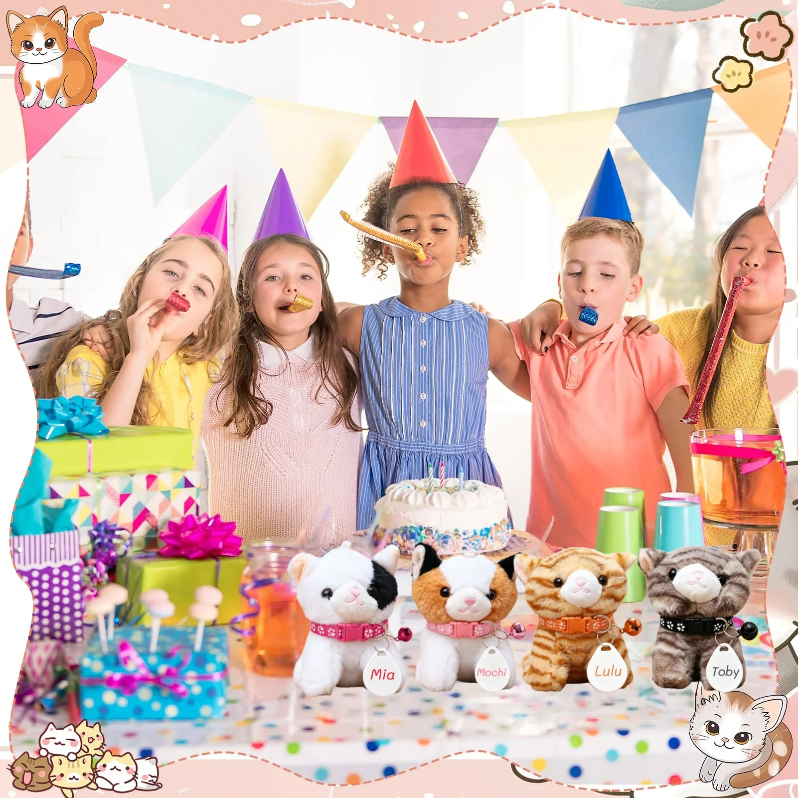 8-32Sets Adopt a Cat Party Favors Kitten Stuffed Animals Bulk DIY Adjustable Collars and ID Card for Birthday Party
