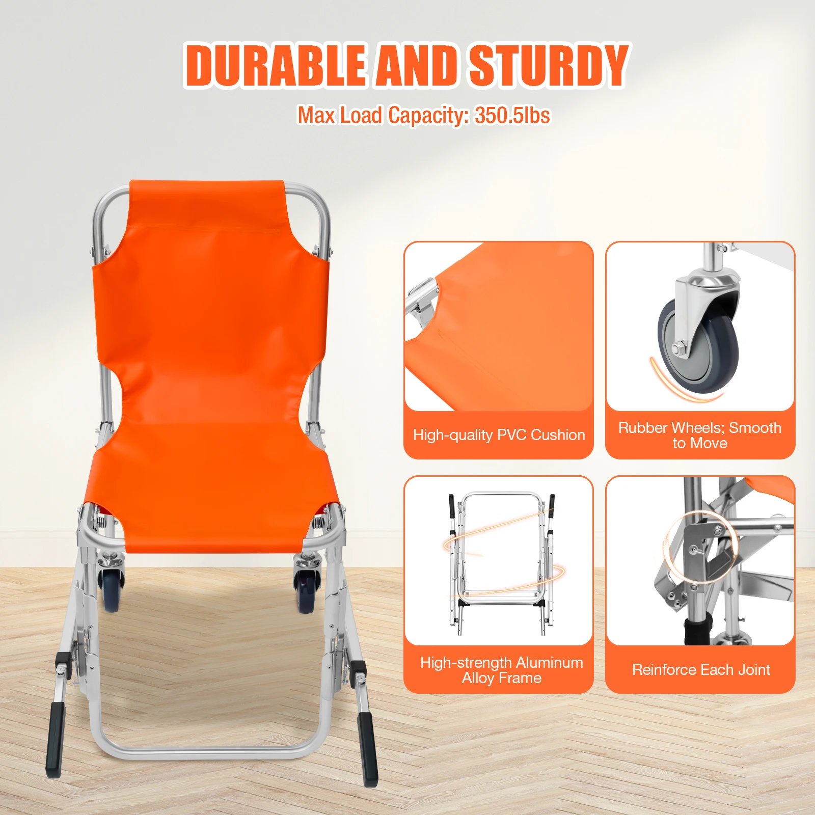 Folding Portable Stair Chair, Foldable Emergency Evacuation Chair, Aluminum Alloy Transport Chair with Wheel Lightweight 350.5LBS Load Capacity for Elderly Disabled Patient Transfer