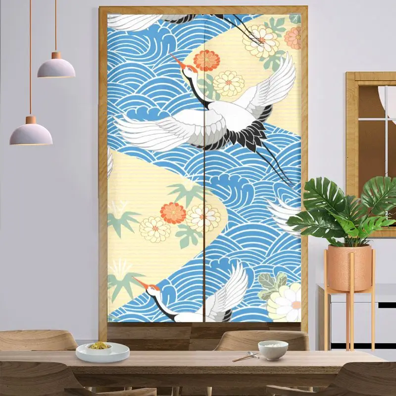 Ukiyo-e Crane and Koi Japanese Half-Door Curtain, Privacy Divider Curtain with Wave and Auspicious Cloud Print, Home Decor