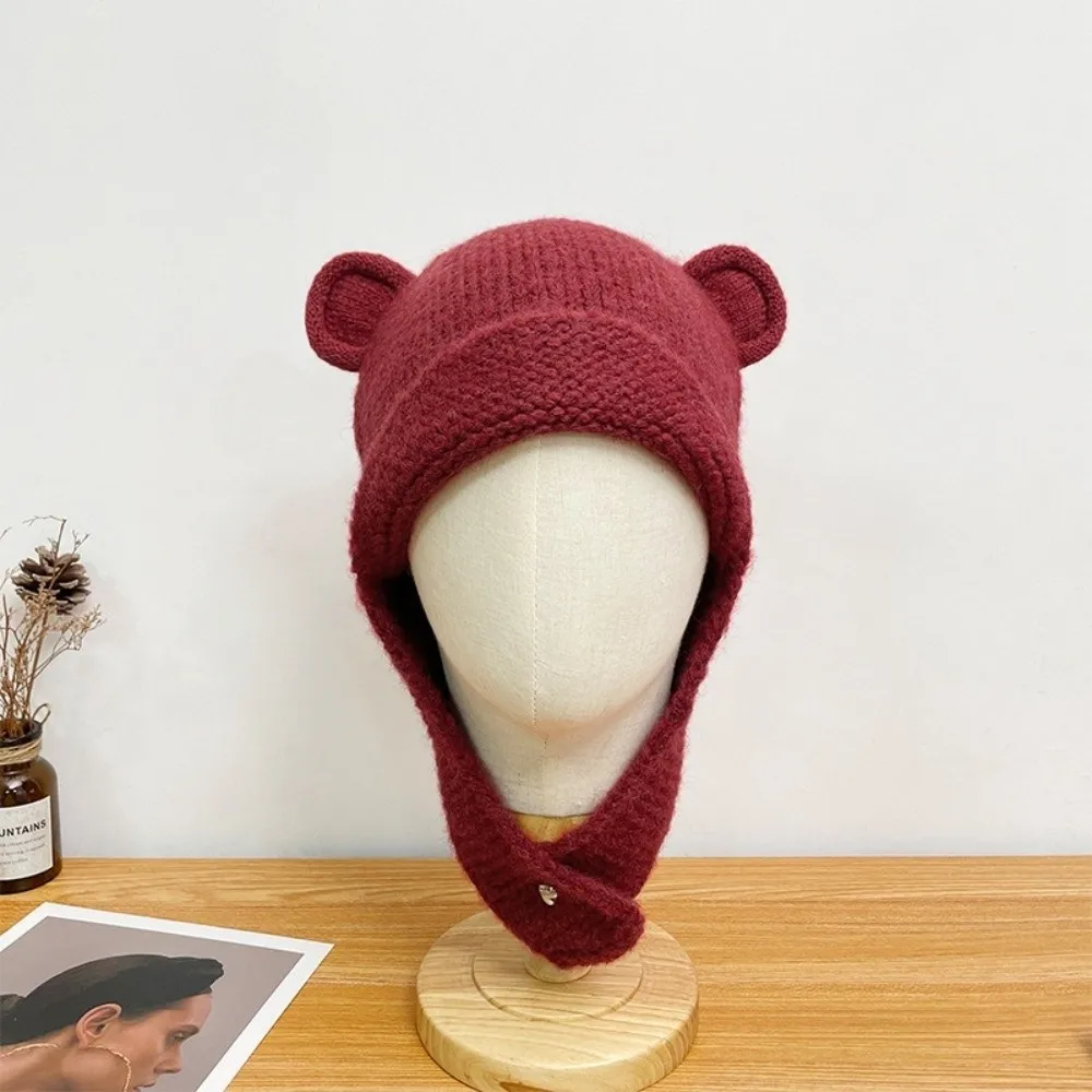 Korean Cute Bear Ear Knitted Cap Winter Autumn Sweet Warm Beanie Hats Soft Y2k Ear Protection Cap Streetwear