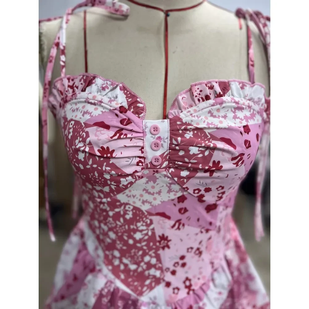 Vestidos 2025 feminino floral halter bolo vestido vintage vermelho duplo hem vestido outono inverno festa clube noite midi vestido streetwear