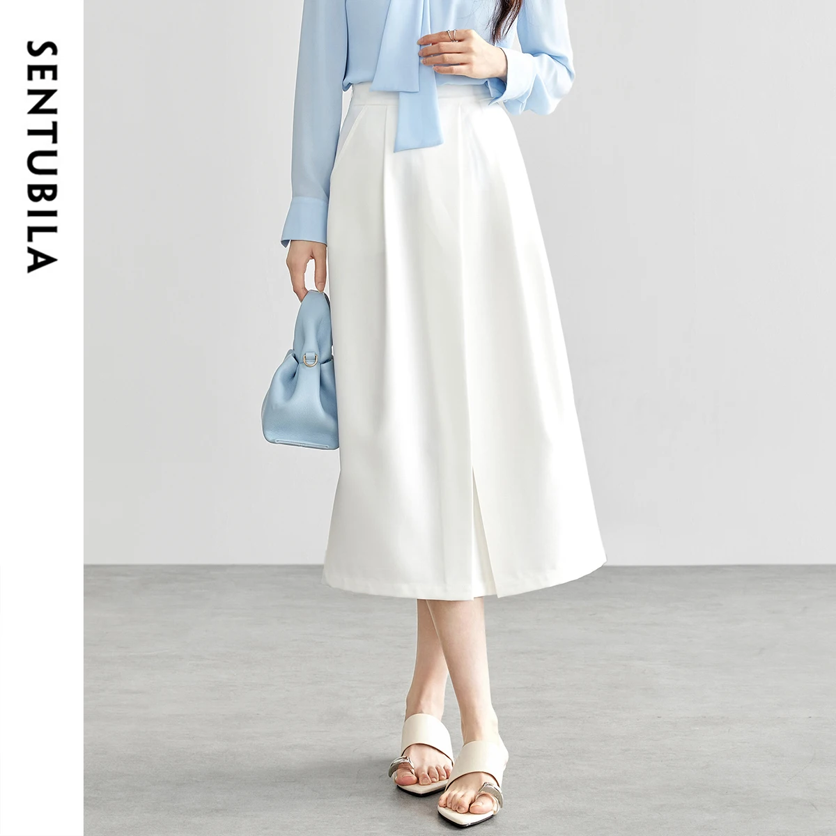 SENTUBILA White Asymmetric Skirts for Women's 2025 Spring A-line Casual Elastic High-waist Folds Slit Midi Skirt 151Q57542