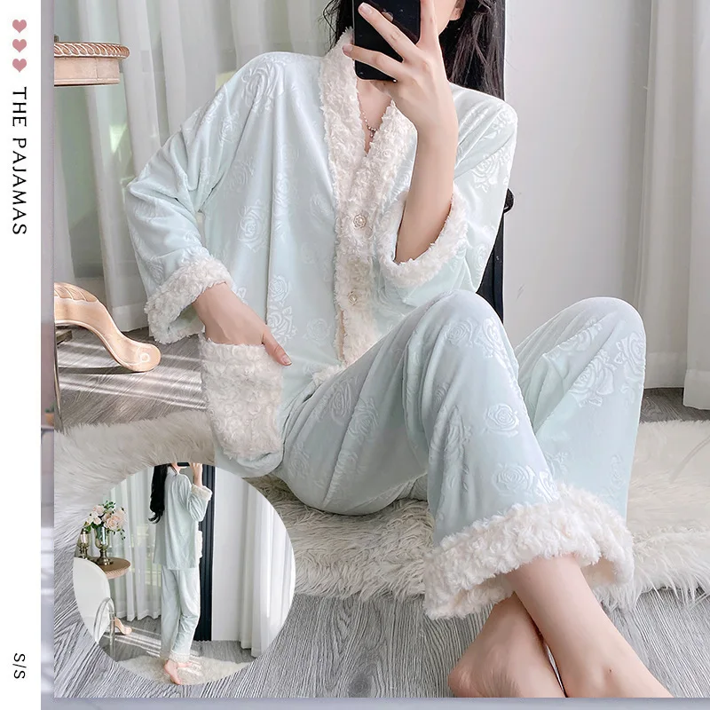 

Pajamas Set Long Sleeved Island Velvet for Autumn and Winter Women Warm Sweet and Cute Loungewear Set Sleepwear for Sleeping