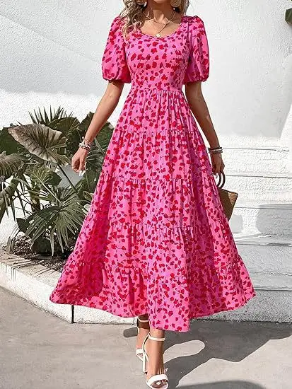 

Spring Summer Long Dress Women Midi Dresses Female Short Sleeve Backless Printed Floral Pleated Maxi Casual Dress Vestidos