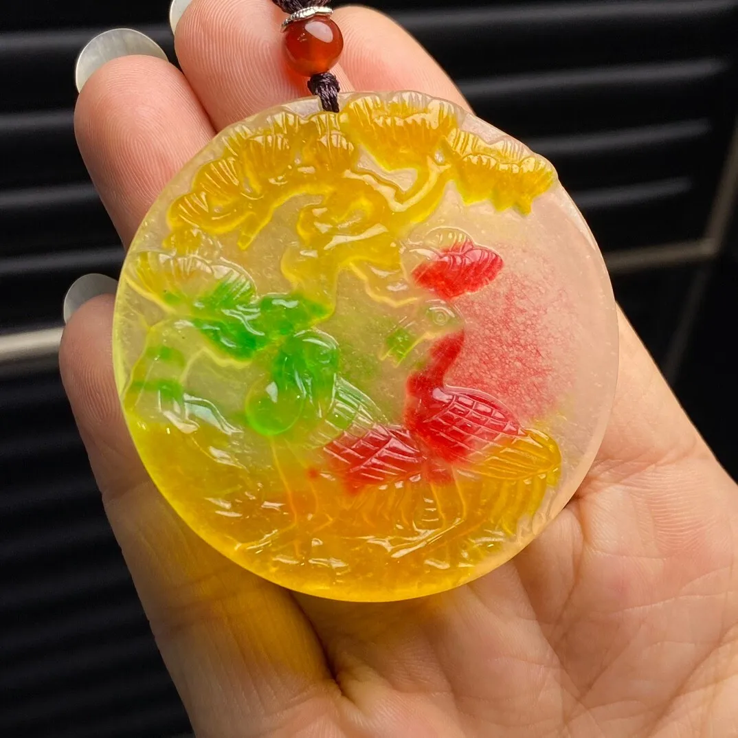 Nature ice yellow Burmese Jade Jadeite Carved Pine tree&crane Pendant&Necklaces