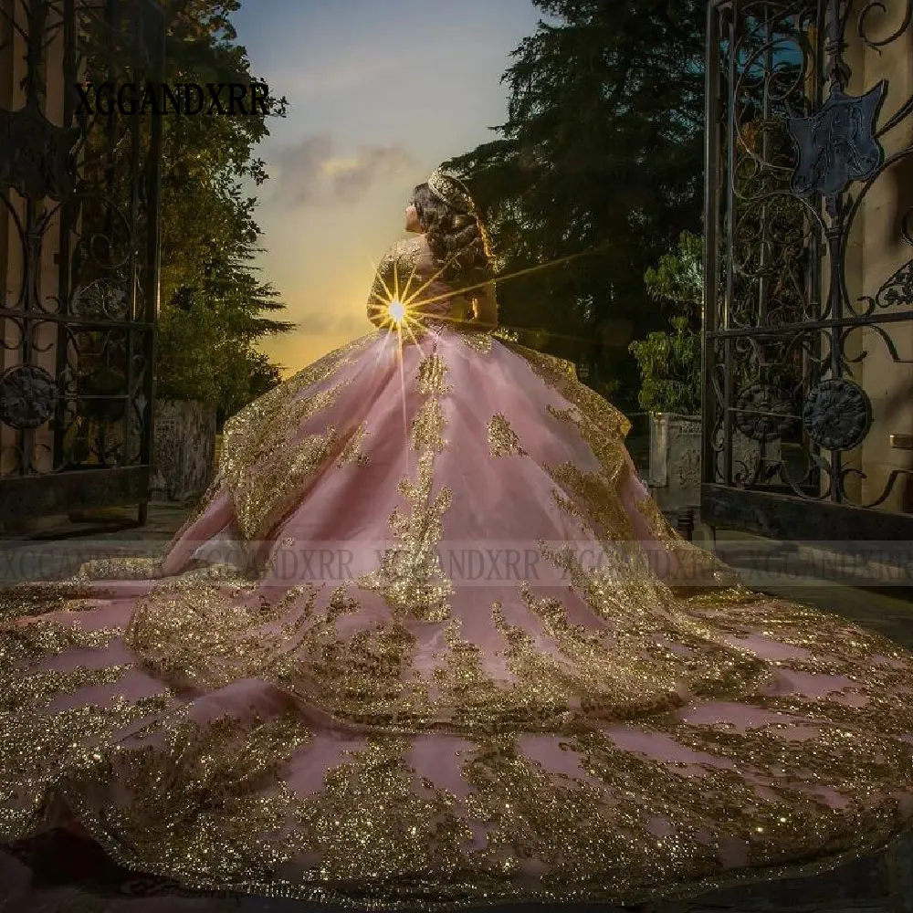 Błyszczące różowe sukienki Quinceanera 2024 długie rękawy cekiny Vestidos De 15 Anos suknia balowa słodkie 15 16 Vestidos 15 Anos urodziny