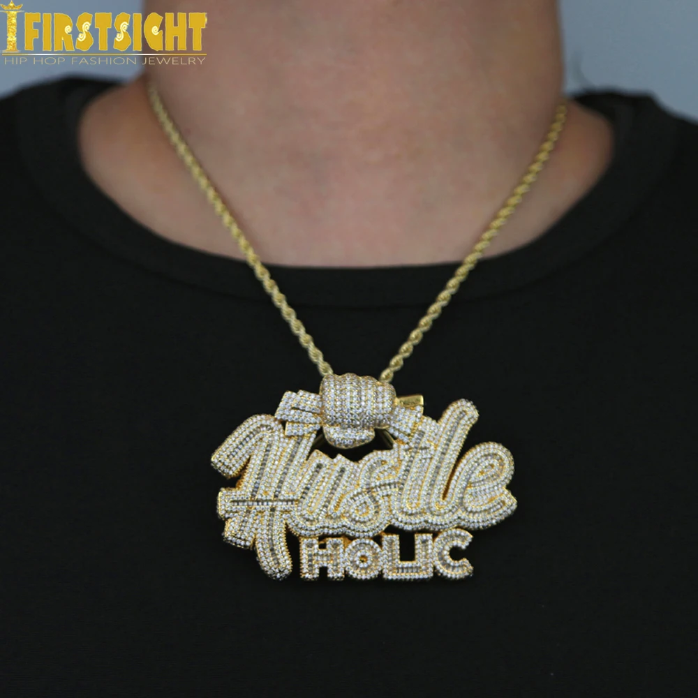 New Iced Out Hustle Necklace for Men Pendant Bling Prong Setting CZ Zircon Big Green Money Bag Charm Hip Hop Jewelry