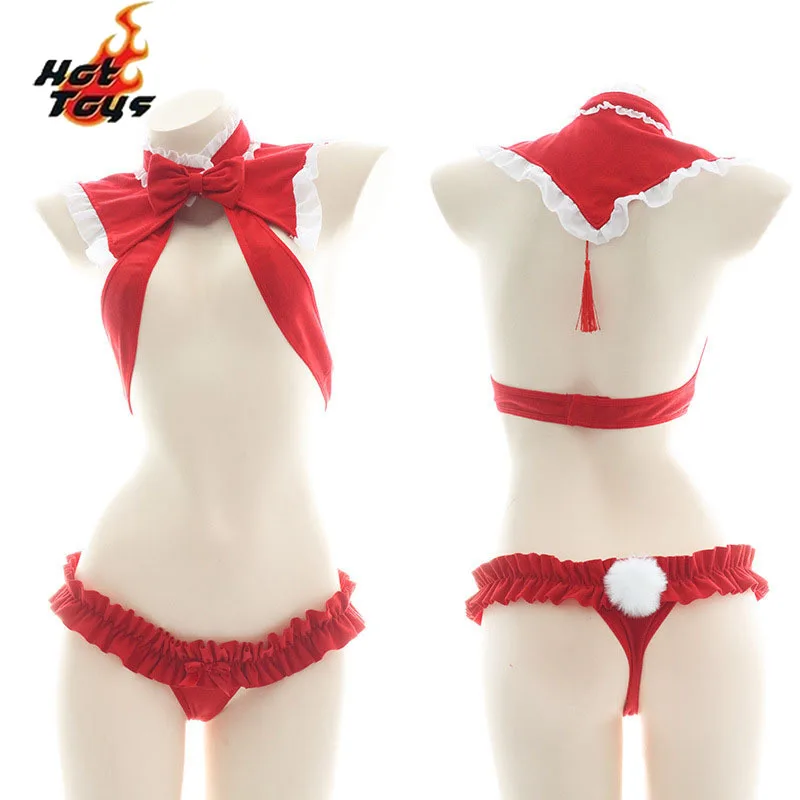 Sexy Red Santa Costume Christmas Lingerie Cute Hollow Out Bikini Bowknot Underwear Pajamas Christmas Lingerie Cosplay Bra Set