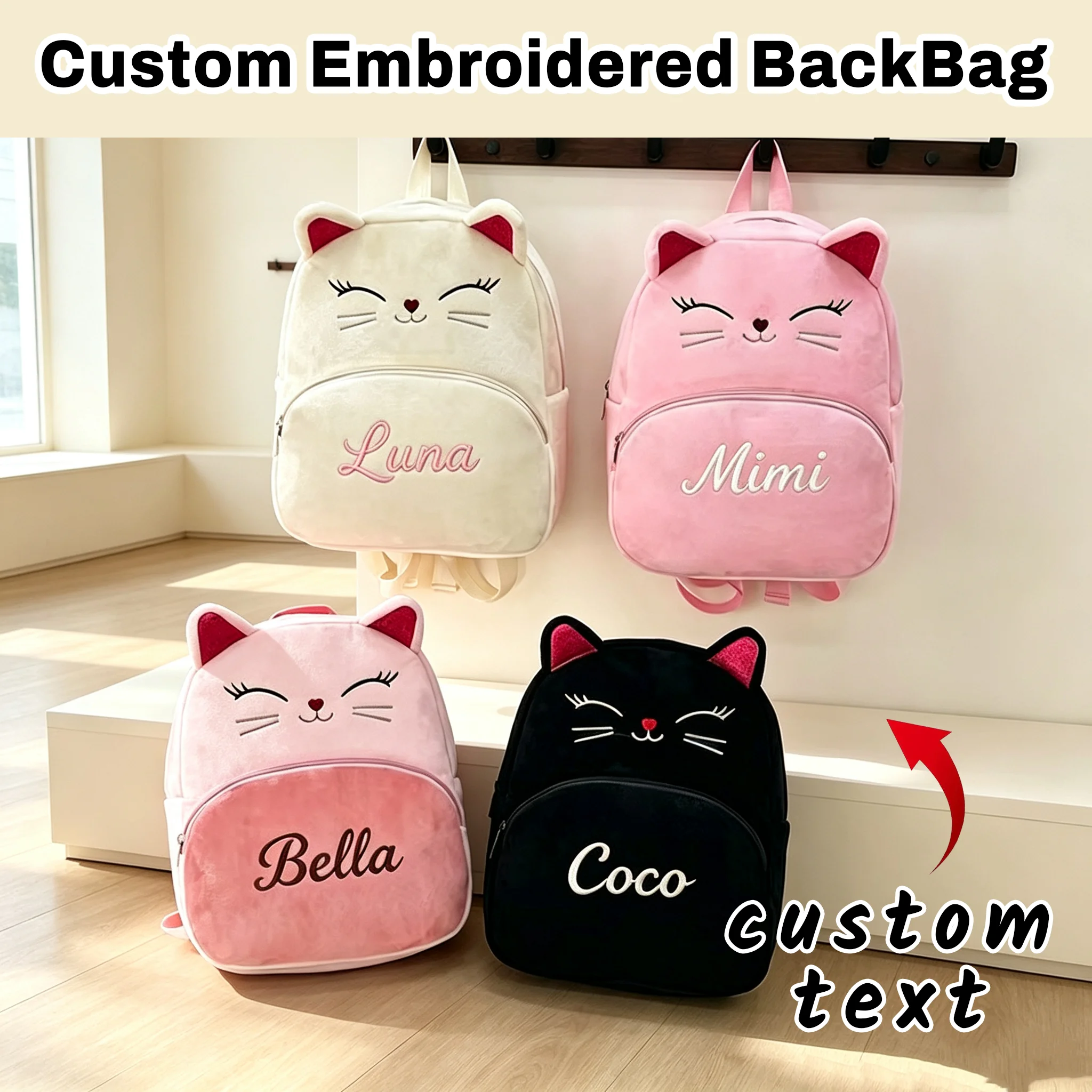Custom Embroidered Cartoon Cat Toddler Backpack, 2026 New Kids Kindergarten Backpack with Padded Air Cushion Shoulder Straps