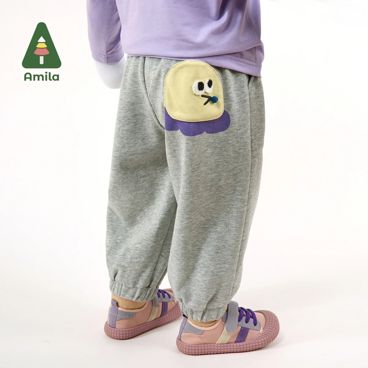 

Amila Baby Casual Pants 2025 Spring New Solid Color Foot Tying Cartoon Pattern Sports Comfortable Casual Children's Trousers