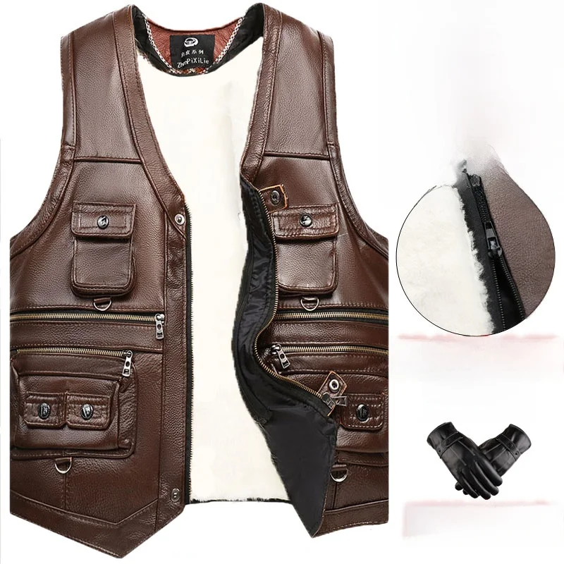 

Thiened Leather Vest Men's First Layer Cowhide Woolen oulder Winter Inteated Fur Dad's Sle Faion Urban Busin Casual