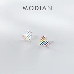 Modian New Arrivals Cute Rainbow Hearts Jewelry For Women Girl Enamel Tiny 925 Sterling Silver Fashion Fine Stud Earrings Bijoux