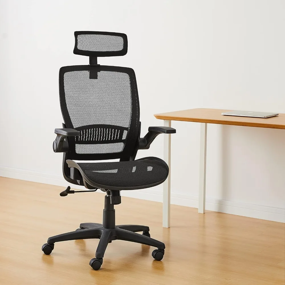 Ergonomic Adjustable High-Back Chair with Comfortable Flip-Up Armrests, Contoured Mesh Seat, Swivel - Black