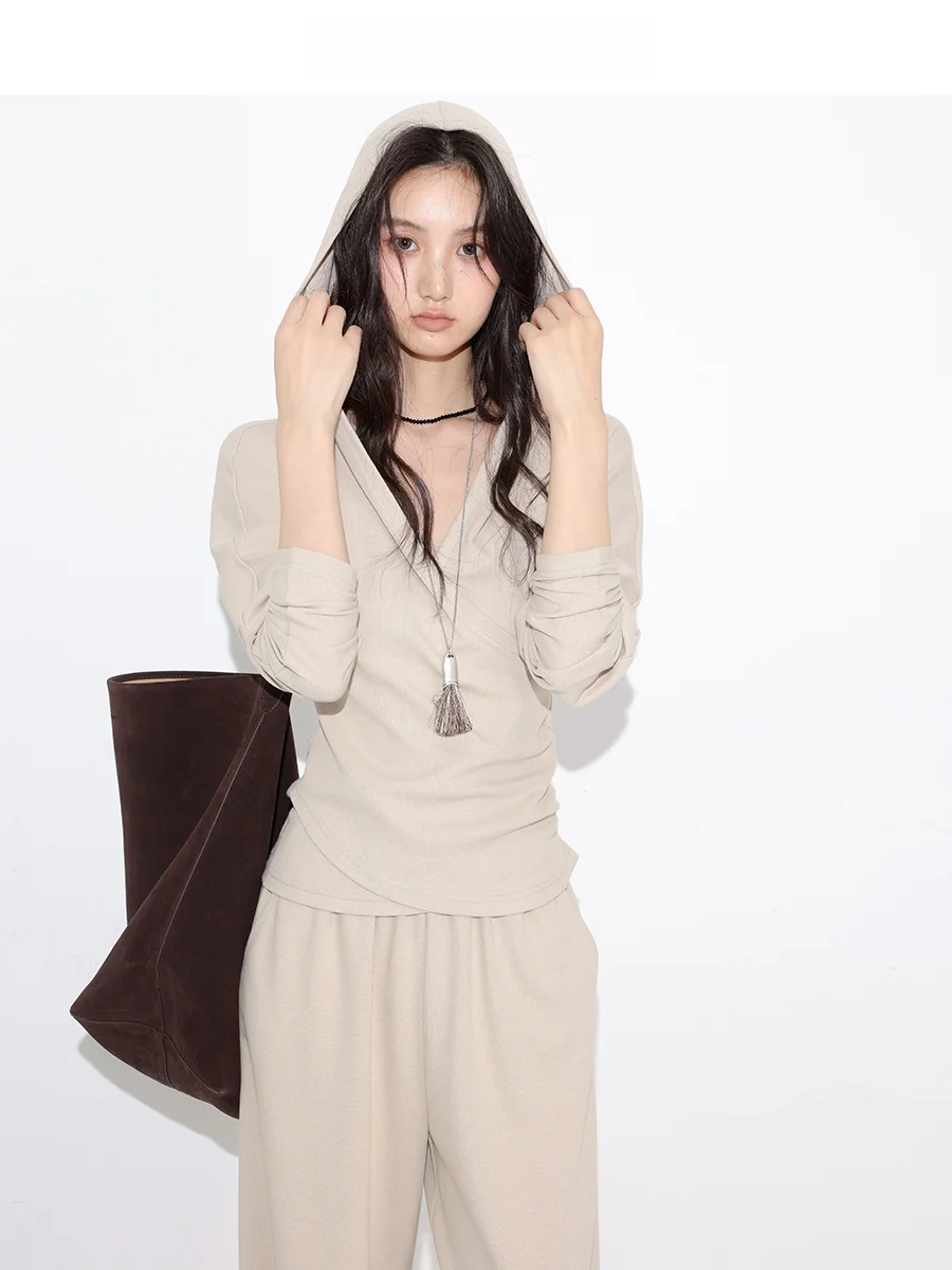 Loose Knitted Set Casual Pants V-Neck Long Sleeve Hooded Top Floor-Length Draped Style Polyester Cotton Blend Elastic Waist