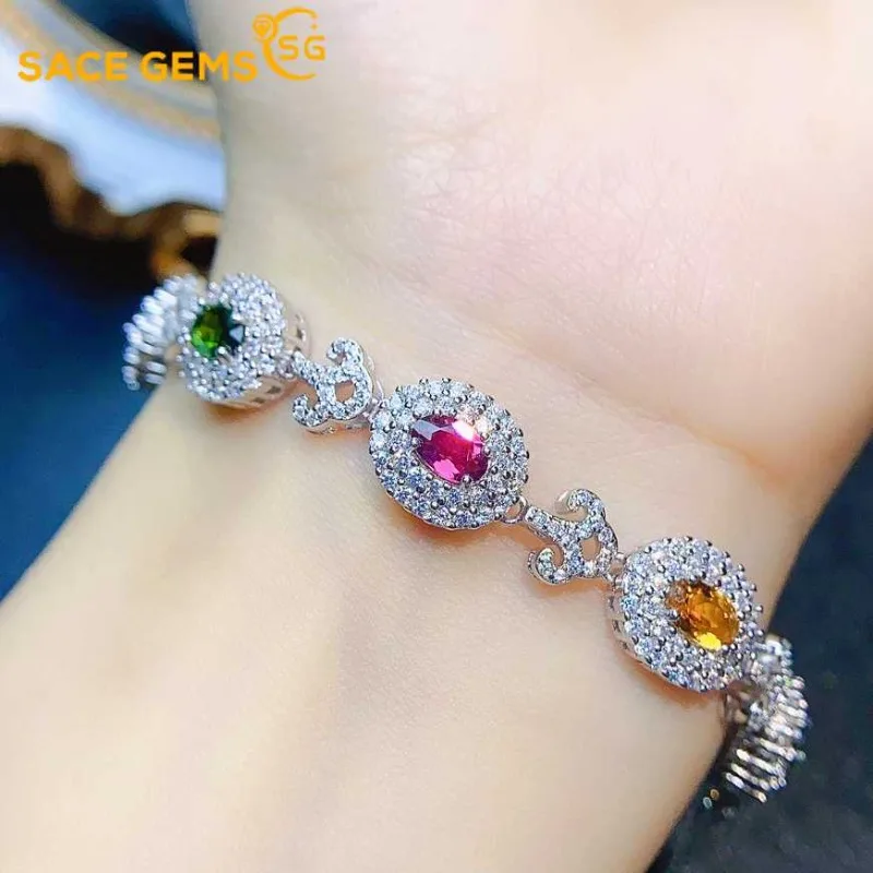 

SACE GEMS New Certified 925 Sterling Silver 4*6MM Natural Tourmaline Bracelrts for Women Engagement Cocktail Party Fine Jewelry