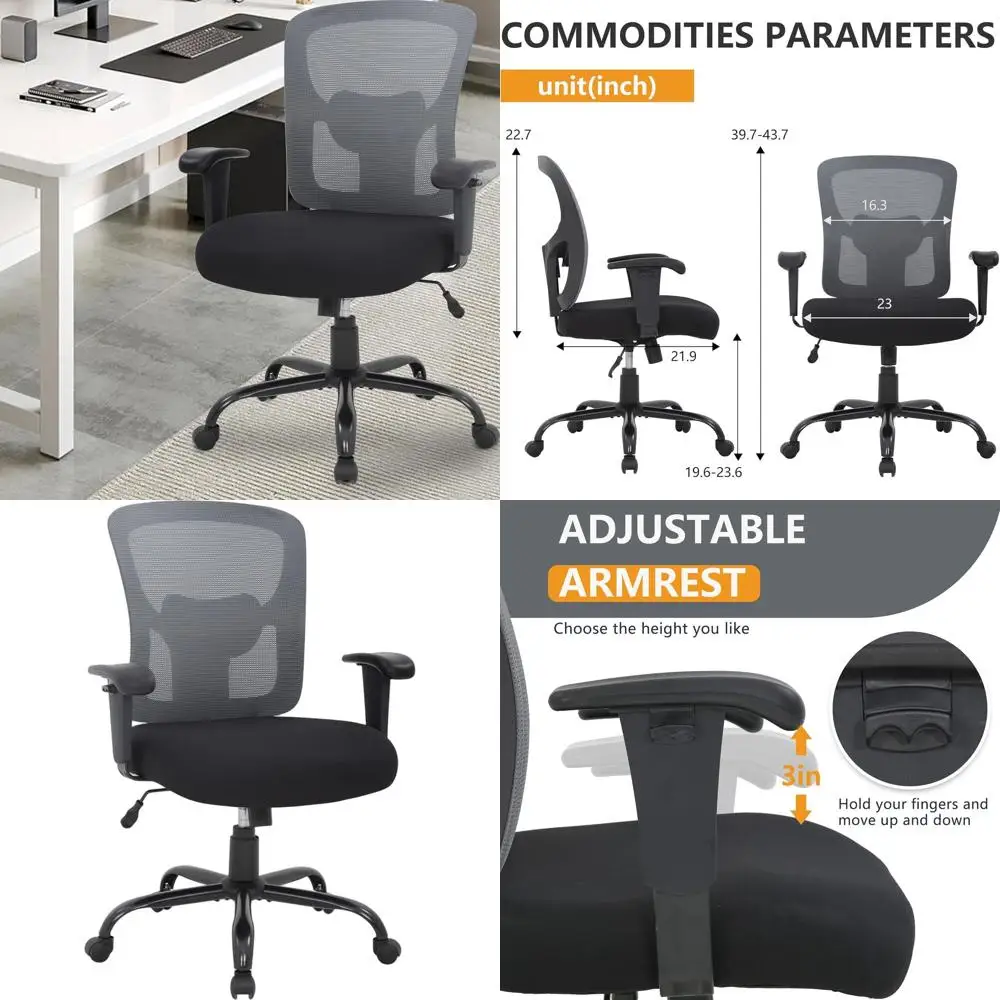 Ergonomic High-Back Swivel Chair with Lumbar Support for Big and Tall, Wide Seat and Adjustable Arms (Grey)