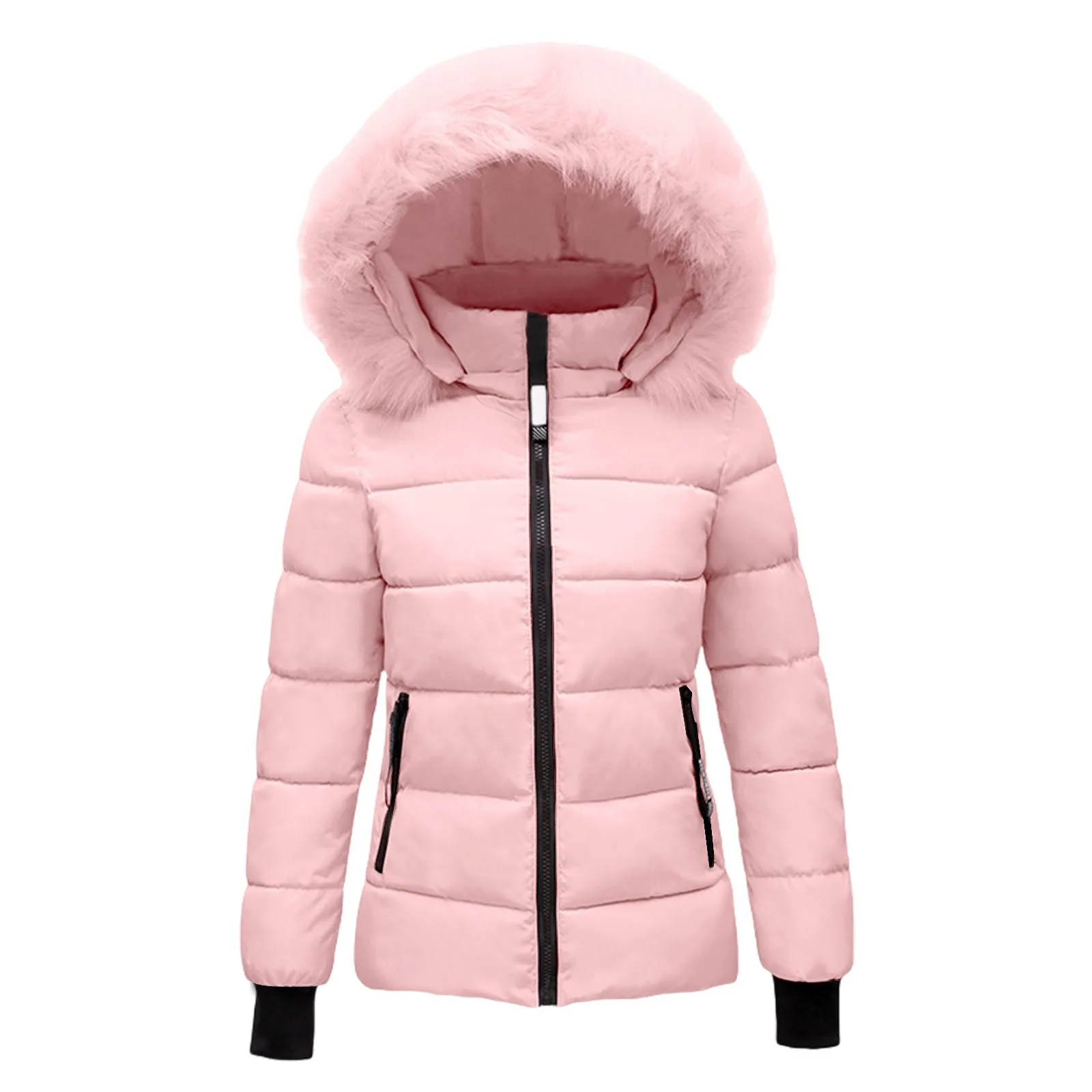 Pink Winter Cotton Puffer Coat Women Fluffy Hooded Zipper Thick Outerwear Lapel Windproof Warm Long Sleeve Down Jacket Fit Coats