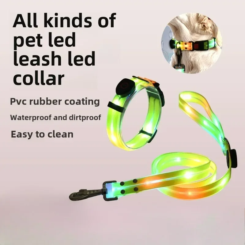 Pet Led Waterproof Dog Collar Luminous Warning Supplies Medium and Small Dog Collar Adjustable LED Luminous Leash Set Wholesale