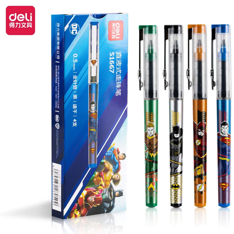 

4Pcs DELI A668 Justice League DC 0.5mm Straight Liquid Pens Black Ink Neutral Pens Full Needle Tube School Student Supplies St