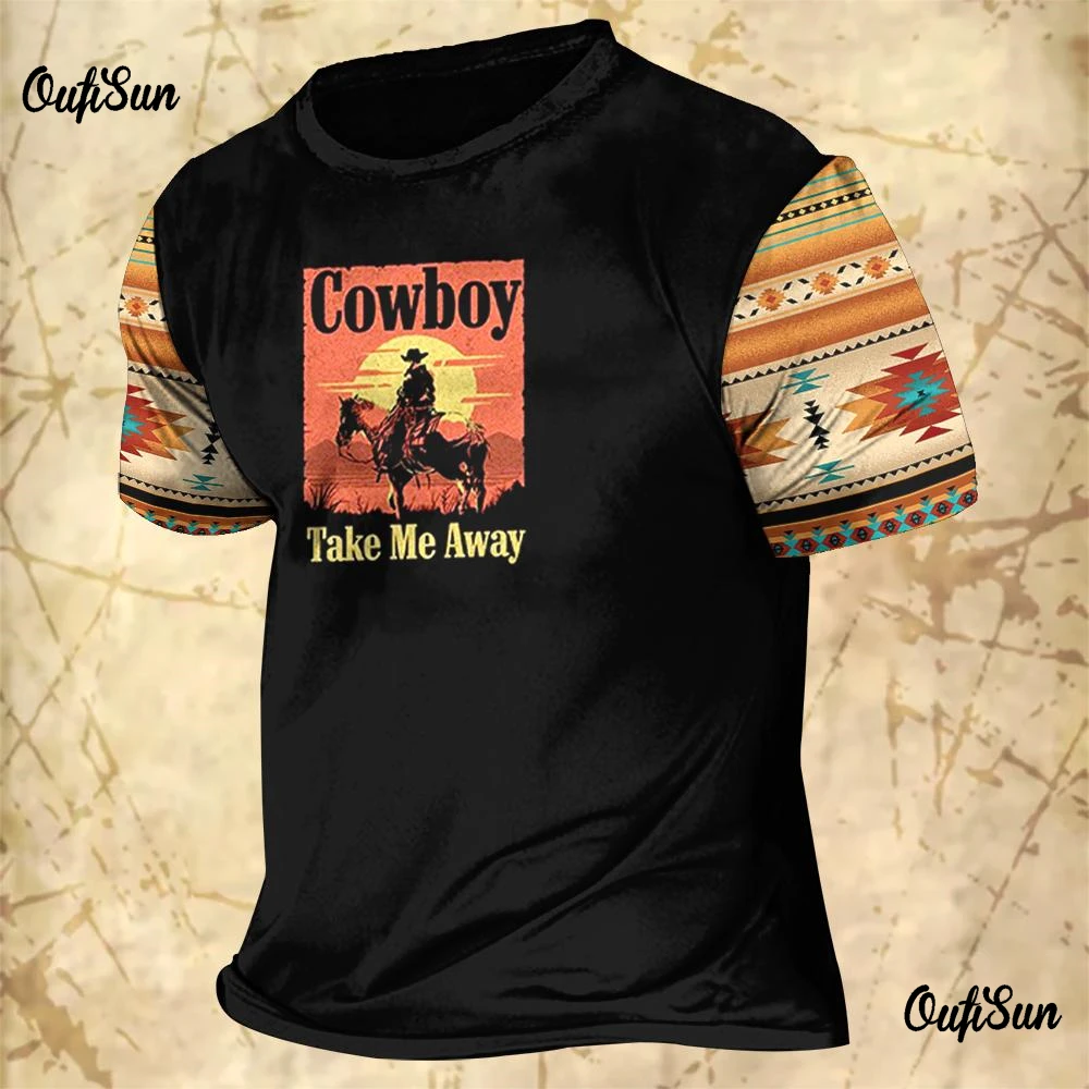 Western Cowboy Shirt Men's T-shirt 3D Denim O Neck Cotton Short Sleeve Tops Summer Oversized Vintage Streetwear Casual Clothing