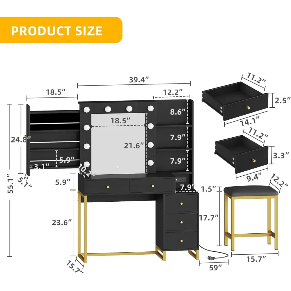 Makeup Dressing Table with Mirror and Power Socket, Dressing Table Set with Hidden Jewelry Storage Rack and 5 Drawers