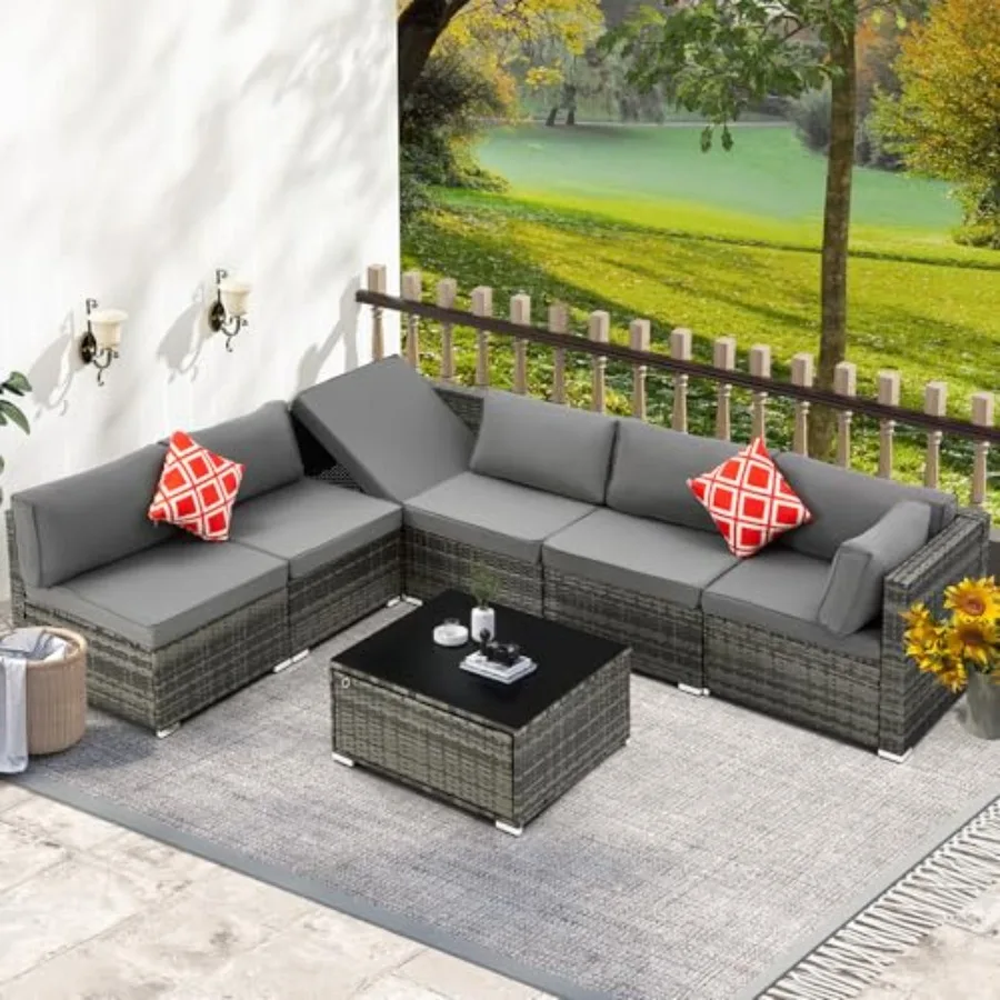 7 Piece Patio Furniture Set with Adjustable Bracket Grey Wicker Rattan Sectional Sofa Set with Table and Cushions for Porch Law