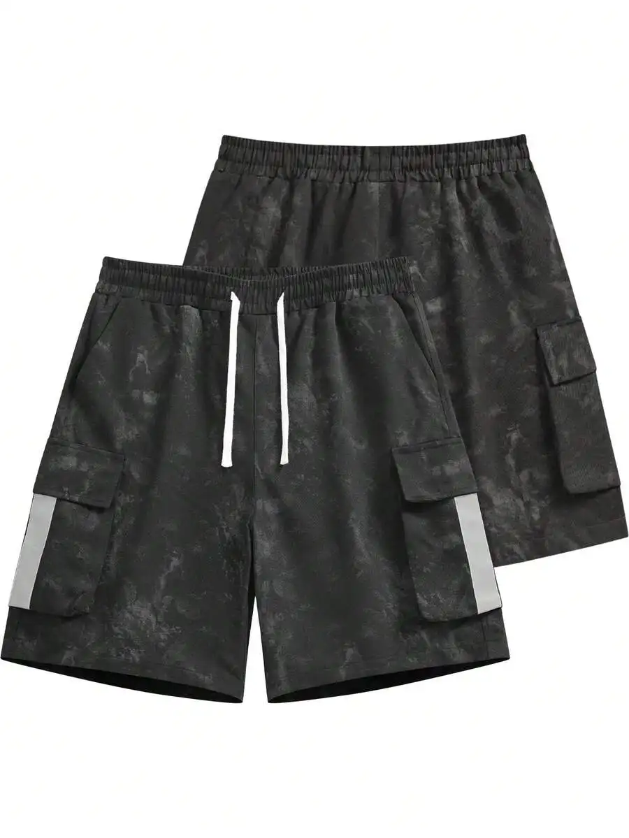 

Mens Tie Dye Cargo Shorts With Reflective Strips Elastic Waist Drawstring Loose Athletic Shorts