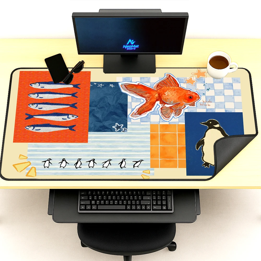 Layered Ocean Table Mat Giant Gaming Goldfish Mousepad 140x60 Deskmat Cute Pattern Watercolor Fish Desk Decor Mat