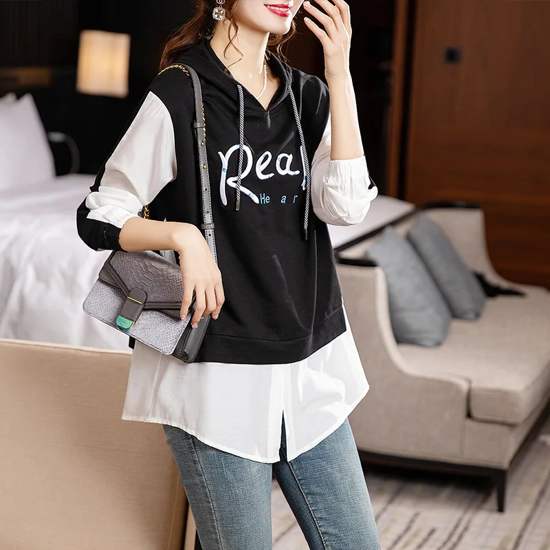 #4713 Pullovers Hoodies Sweatshirts Women Letters Embroidery Asymmetrical False Two Piece Hooded Sweatshirts Female Streetwear