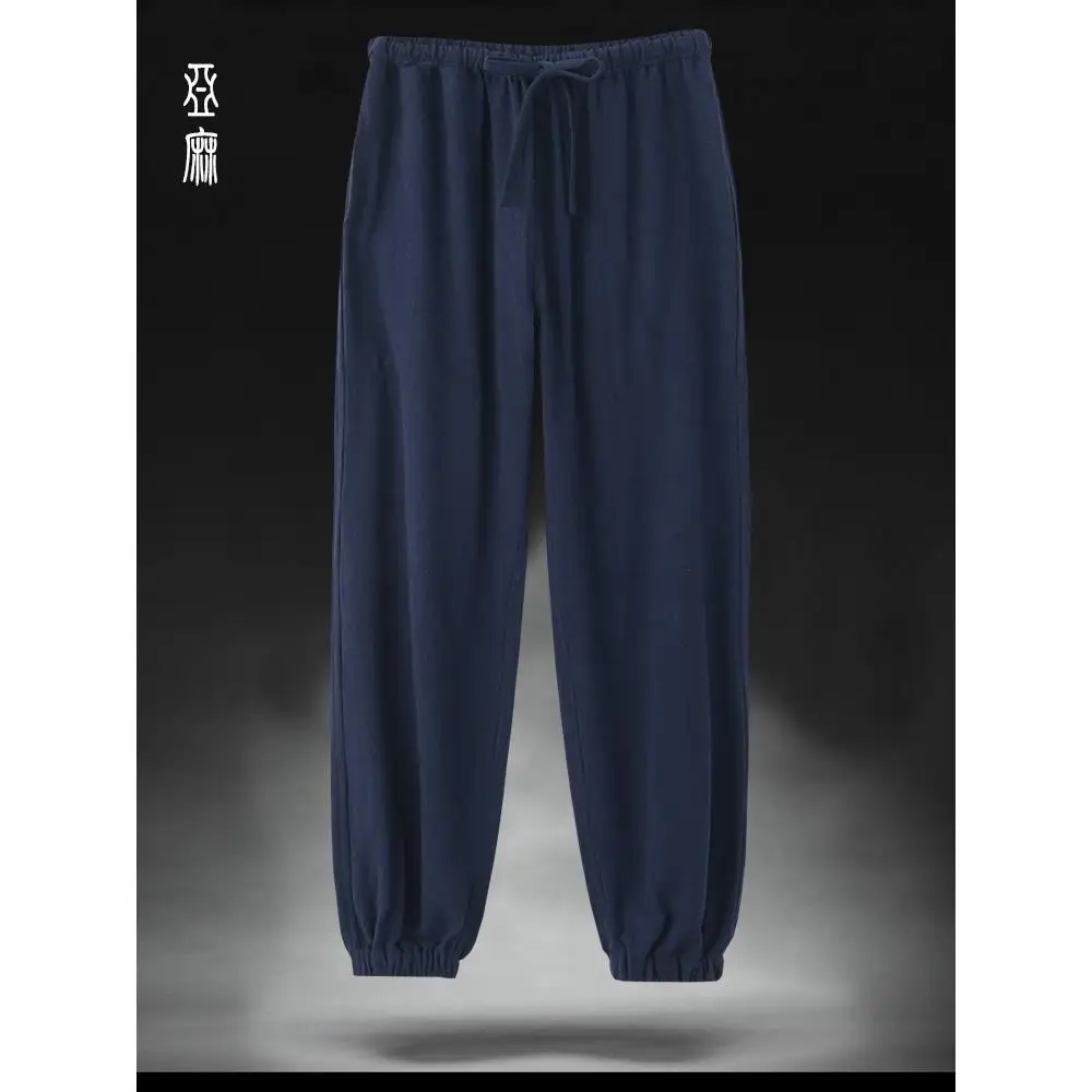 カジュアルリネン太極拳パンツハイウエスト巾着弾性袖口朝の運動伝統的な中国の衣装メンズ長ズボン