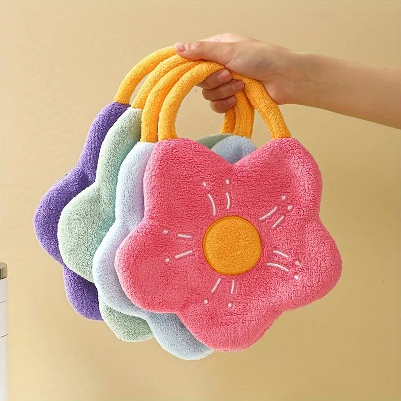 1pc Hand Towel with Hanging Flower Shaped Design, Household Kitchen Absorbent Handkerchief Pink