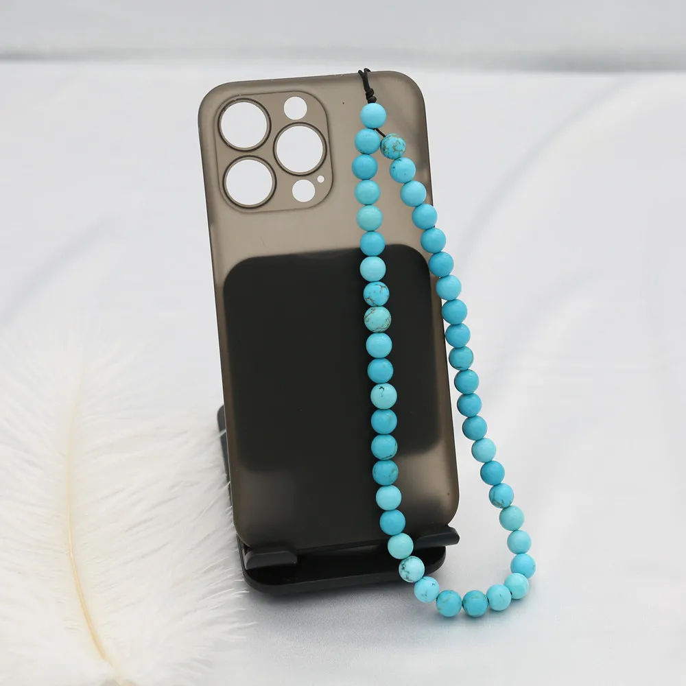 Cadenas para teléfono móvil con cuentas de turquesa azul de 8MM para mujeres y hombres, correa para teléfono, cordón antipérdida, accesorios