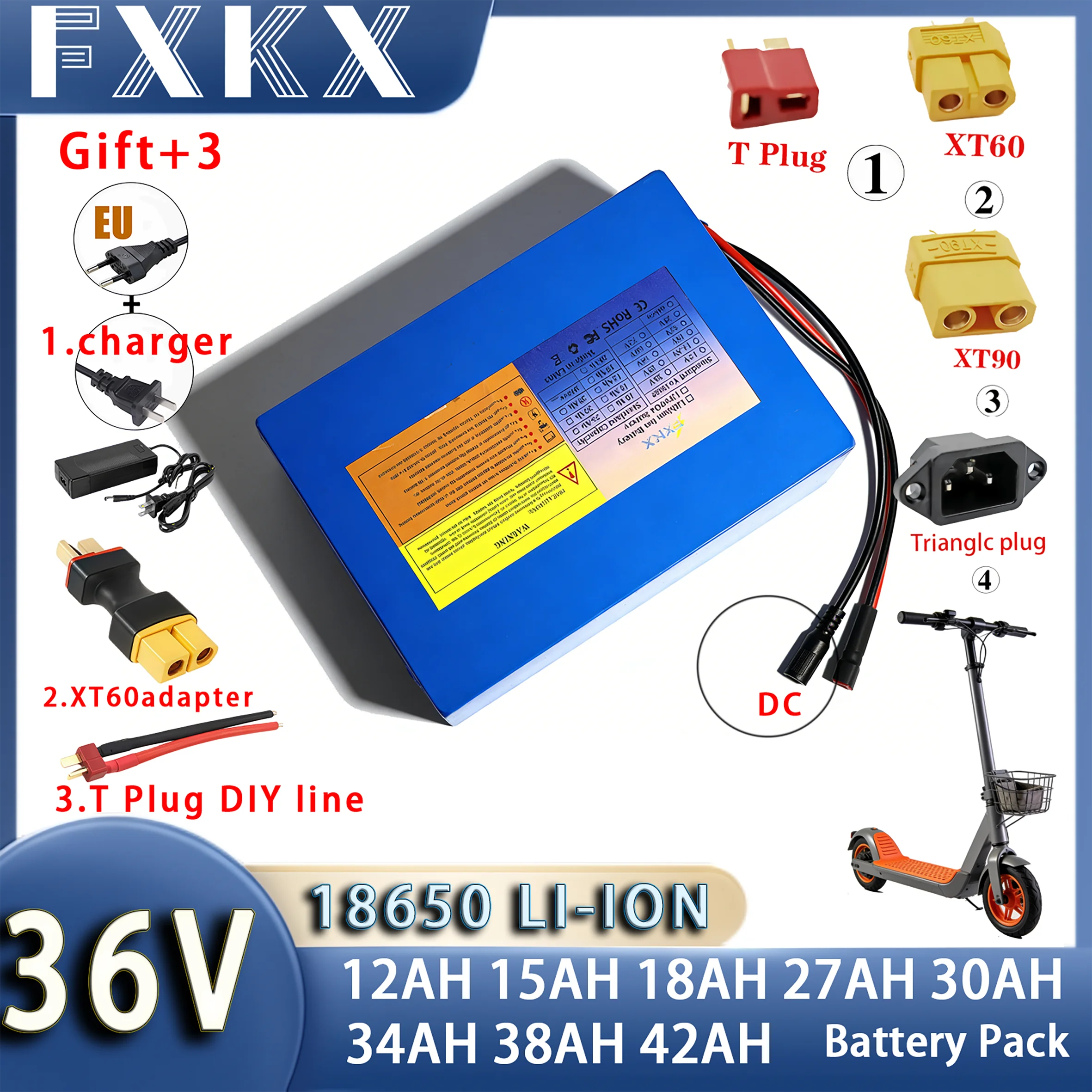 

New 36V 42Ah 38Ah 34Ah 30Ah 27Ah 18Ah 15Ah 12Ah Lithium battery pack 2000W High Power For Electric motorcycle scooter With BMS