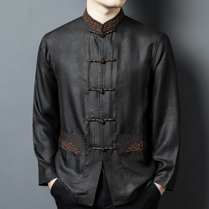 

Tang Costume Embroidery Shirts For Men 100% Silk Long Sleeve Frog Summer Quality Gambiered Canton Gauze Pocket Camisas De Hombre