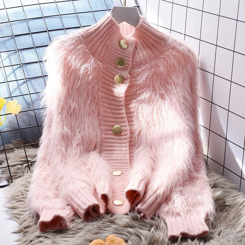 Female New High-end Temperament Thick Loose Fur Knitted Jacket 2024 Autumn Spring Women\'s Mink High Neck Sweater Casual Cardigan