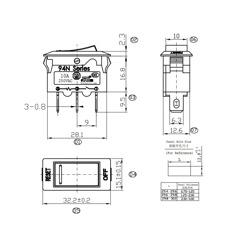 Kuoyuh 94N 220V AC Reset Push Rocker Switch Black Circuit Breaker 16A Thermal Overload Protector Switch