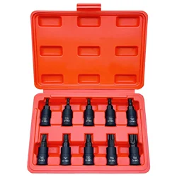 10 Stuks Bit Socket Set,Torx Hex Sping Ster Bits,M4-M16 H3-H14 T20-T60 Met Premium Cr-Mo Stalen 3/8 Inch Drive Verbeterde Opslag