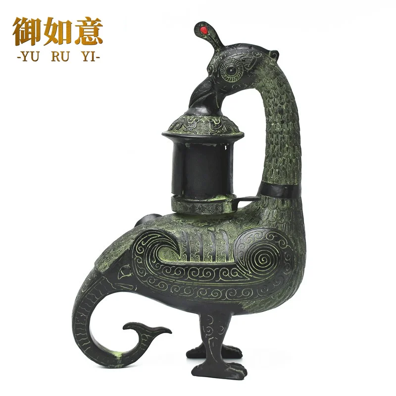 Copper goose fish lamp, phoenix bird lamp, bronze handicraft bird Zun Han wedding props, elephant tail peacock lamp