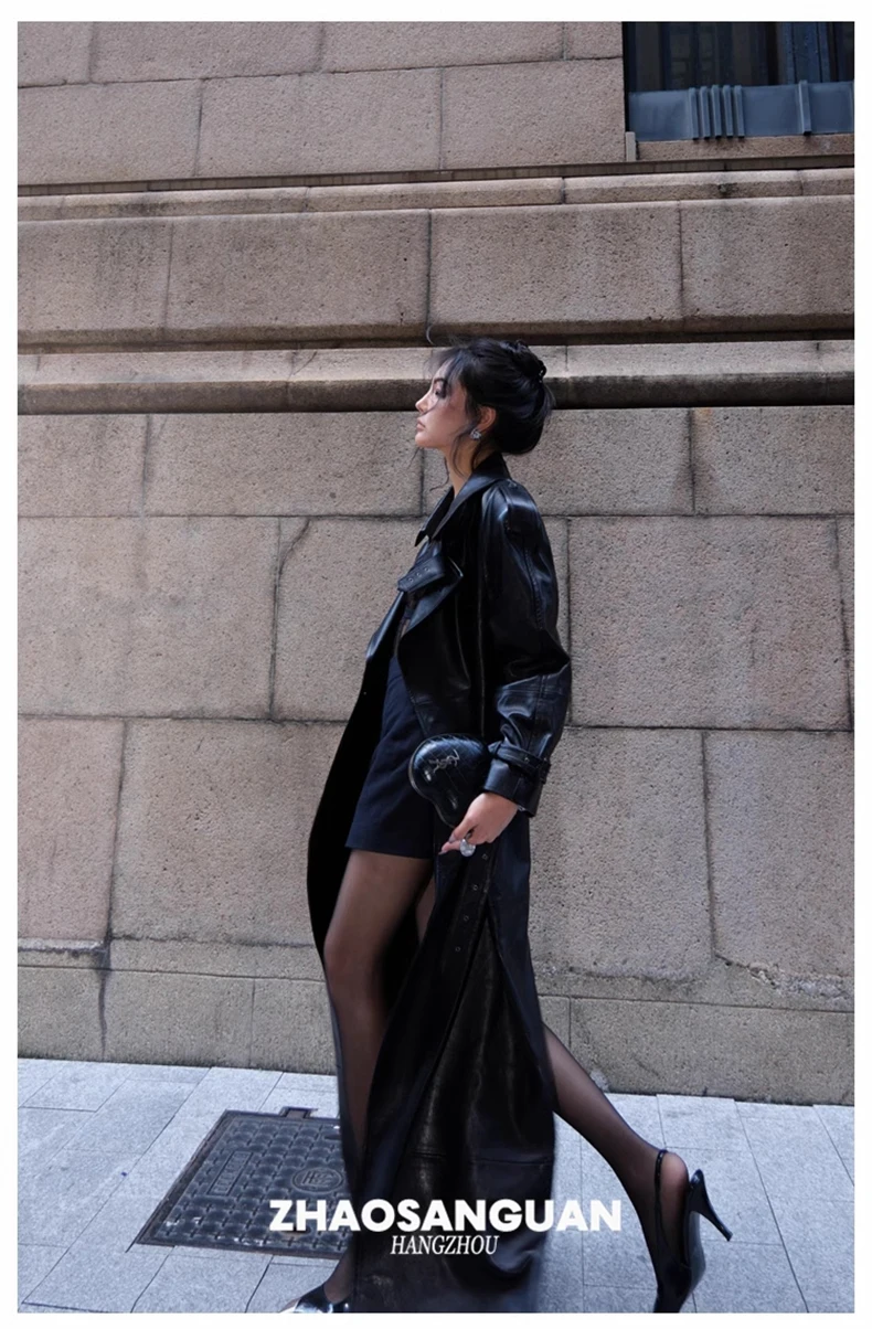 Lautaro Spring Autumn Cool Extra Long Black Loose Pu Leather Trench Coat for Women with Shoulder Pads Belt European Fashion 2024